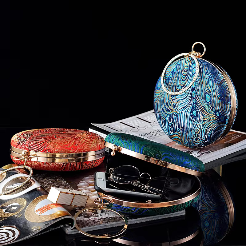 Retro Blue Green Pea Feather Embroidery Round Clutches Evening Bags Fashion Small Handbag For Women Chain Shoulder Bag Purse