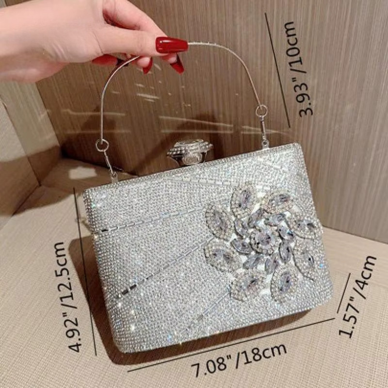 Fashion Rhie Ral Clutch Tote Bag Square Metal Top Handle Lady Wedding Bridal Messenger Purse Crossbody Shoulder Handbag