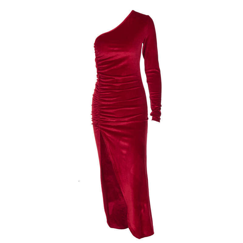 European American women's spring autumn fashion slanted shoulder long sleeved slim fit pleated slit dress factory batch 2025 new style chic and e
