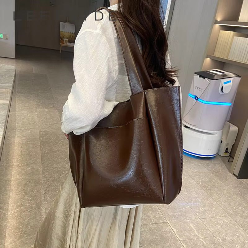 Large Retro PU Leather Shoulder Bag For Women 2024 Y2K Korean Fashion Simple Handbags And Purses Females Solid Color Tote Bags