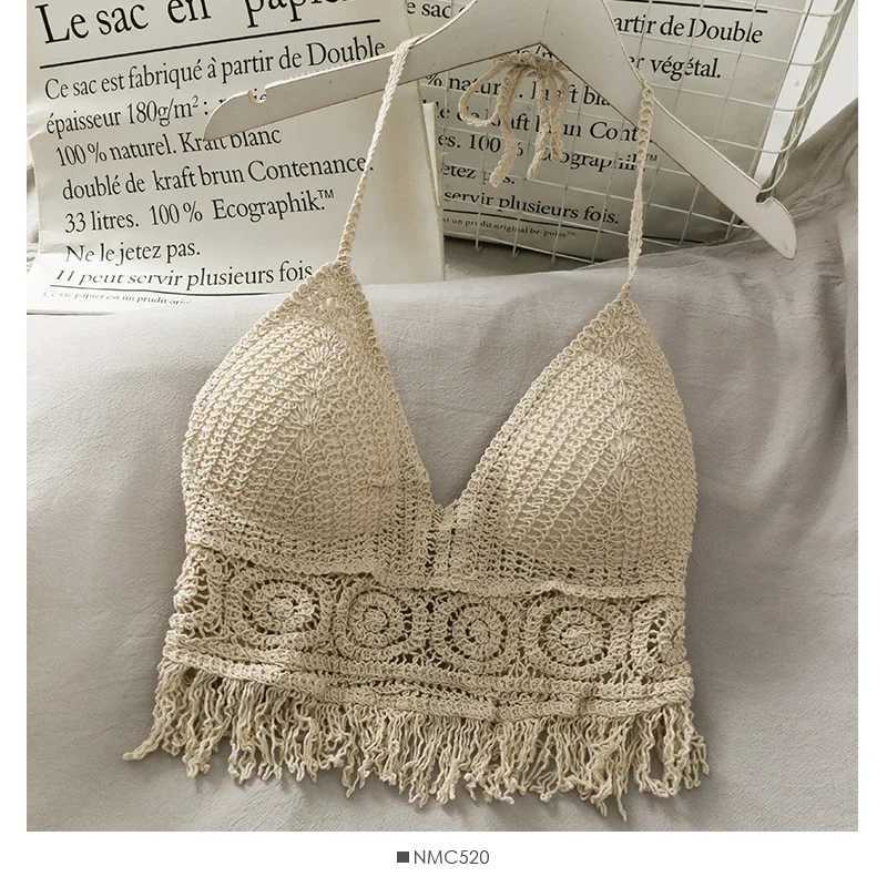 Women Beach Crop Tops Hollow Cover-Ups Perspective Tassel Sexy Spaghetti Strap Swinwear Built In Bra Backlless Halter NeckXJ250212