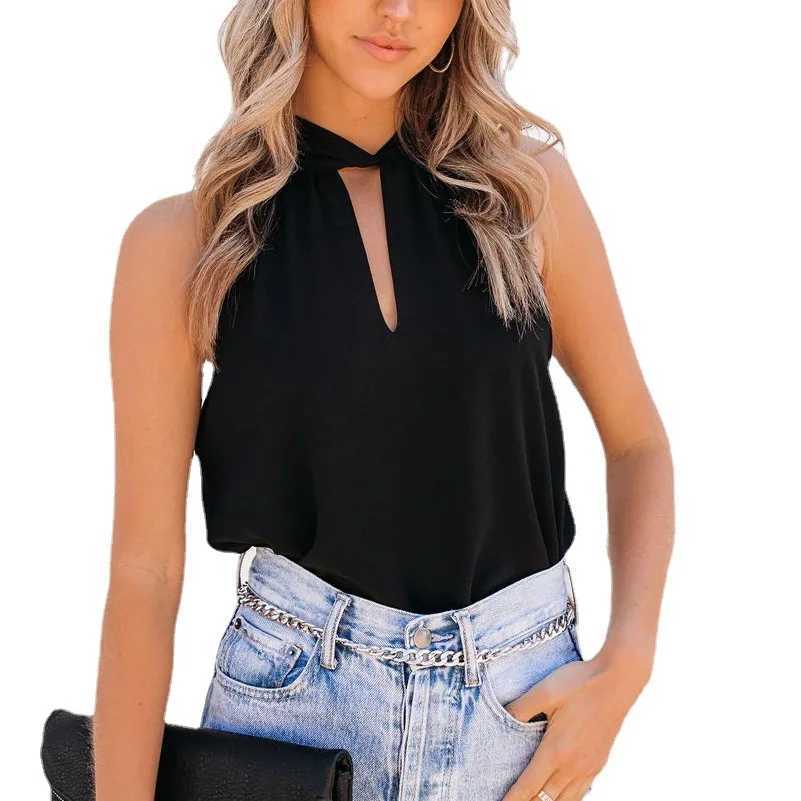 Women Summer Top 2024 New Neck Tied Chiffon Vest Sveless Top Fe Retro Casual Solid Sveless Tops Womens ClothingXJ250212