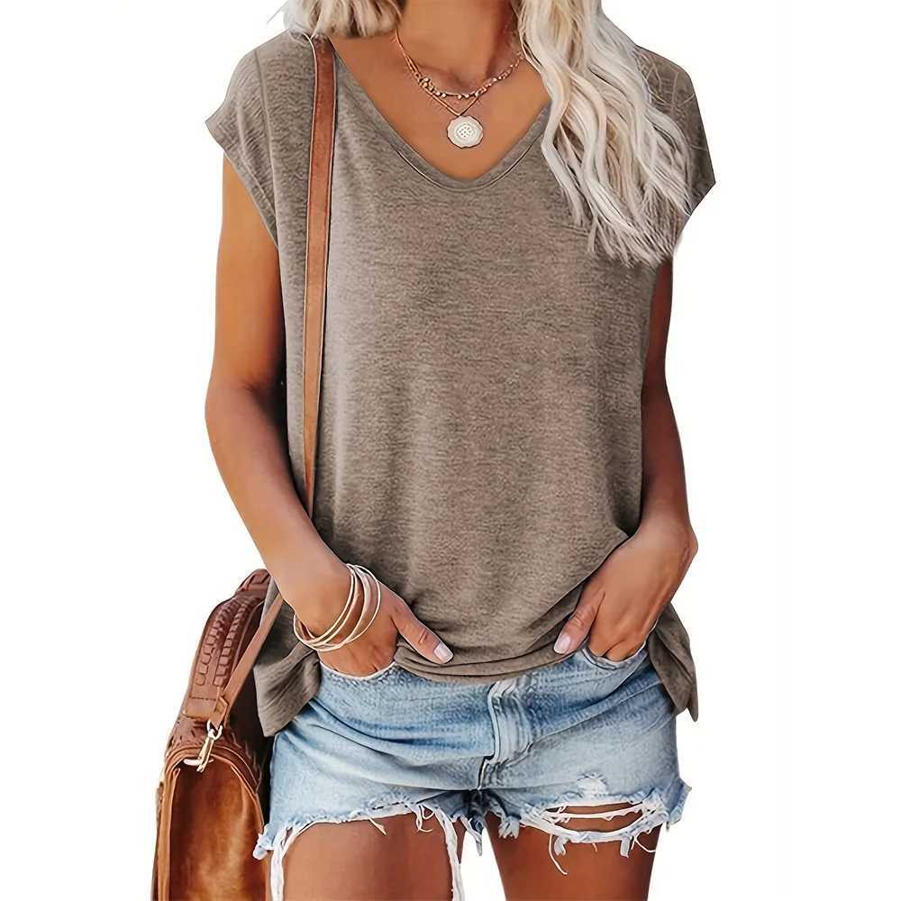 Summer Women Tank Top Solid Color Top Loose Plus Size Short Sve Beach Party Tank Top Fashion V-neck T-shirt Womens ClothingXJ250212