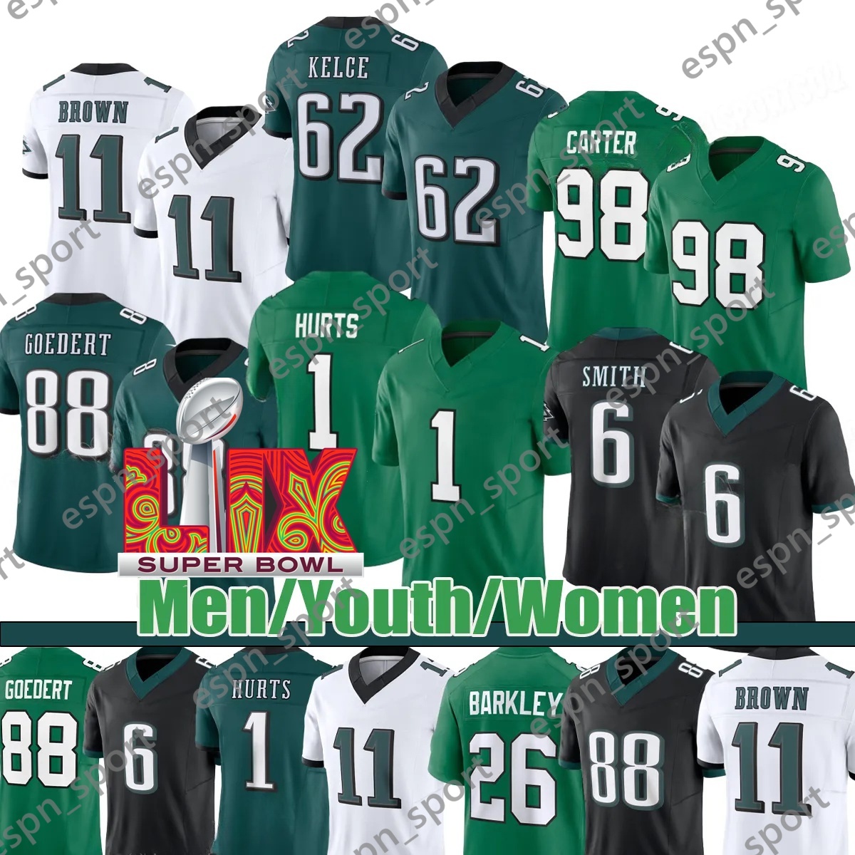 Saquon Barkley Ea g l e s Jalen Hurts 2024 2025 Super Bowl LIX Jersey Kenny Pickett Jason Kelce Brown Miles Sanders DeVonta Smith Haason Reddick Swift Cooper DeJean 0000