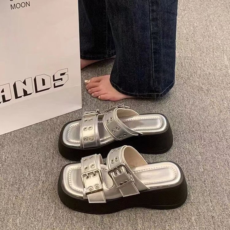 2025 new free shipping for womens designer sandals black sliver French style belt buckle thick soled height increasing slippers