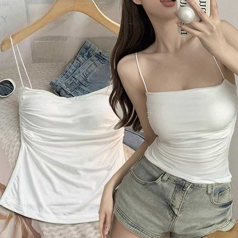 Summer Womens White Top Sveless Thin Straps Camisole Solid Color Tank Top with Cups Summer Ice Silk Comfortable SlingXJ250212