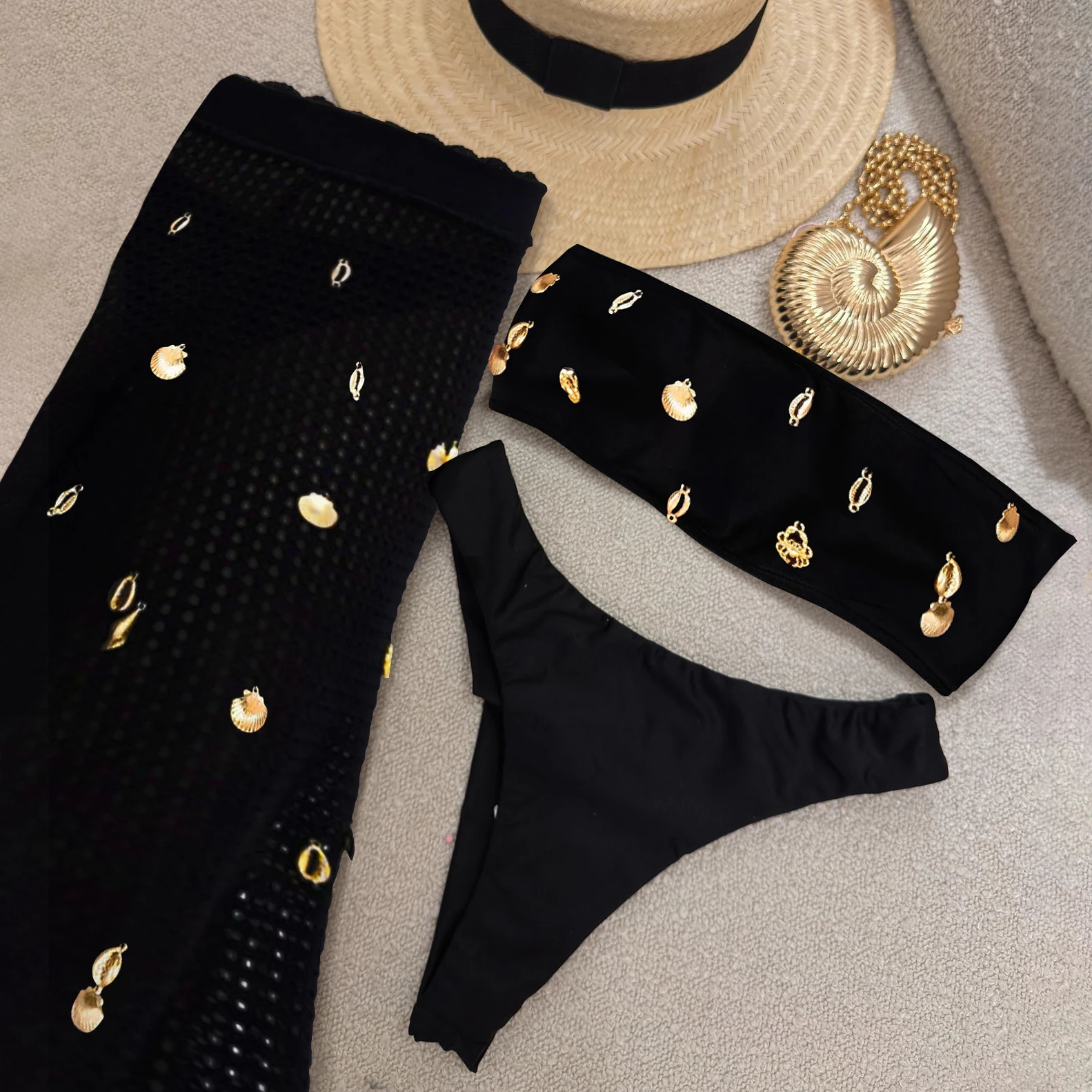 Sexy 3 Pieces Bikini Women Swimsuit With Crochet Pants Female Swimwear One Shoulder Bikini Tassels Swim Suit Bodysuit Beachwear 250210