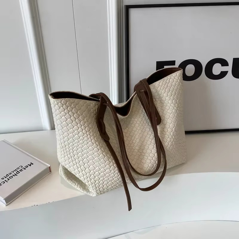 PU leather handbag Large capacity woven tote bag for women's casual designer shoulder bag, high-quality