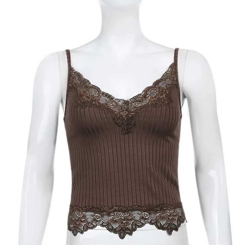 Goth Aesthetic Lace Patchwork Tank Tops For Women Sexy V-Neck Brown Retro Crop Tops Summer y2k Fashion Casual CamisoleXJ250212