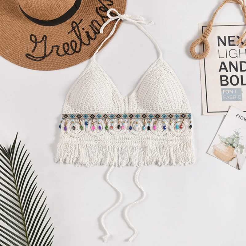 Sexy Boho Beach Vacation Camisole Womens Swimsuit Bra Halter Tank Top Knitted Tassels Hollow Out Cropped Tops Sveless TopsXJ250212