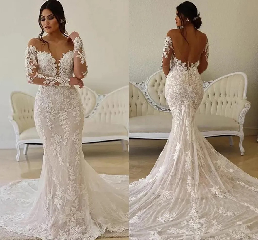 Sheer O-neck Mermaid Wedding Dresses Modest Lace Floral Long Sleeve Backless Bohemian Fishtail Bridal Gown abito sposa boho