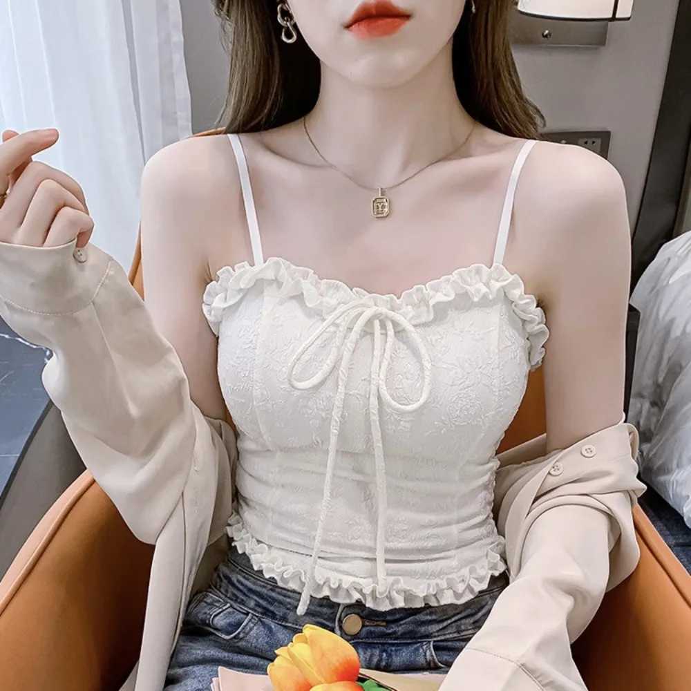 Girl Ruched Trim Crop Top Aesthetic White Black Bowknot Sling Vest Women Summer Backless Camisole Bow Tank Top Short Straps VestXJ250212