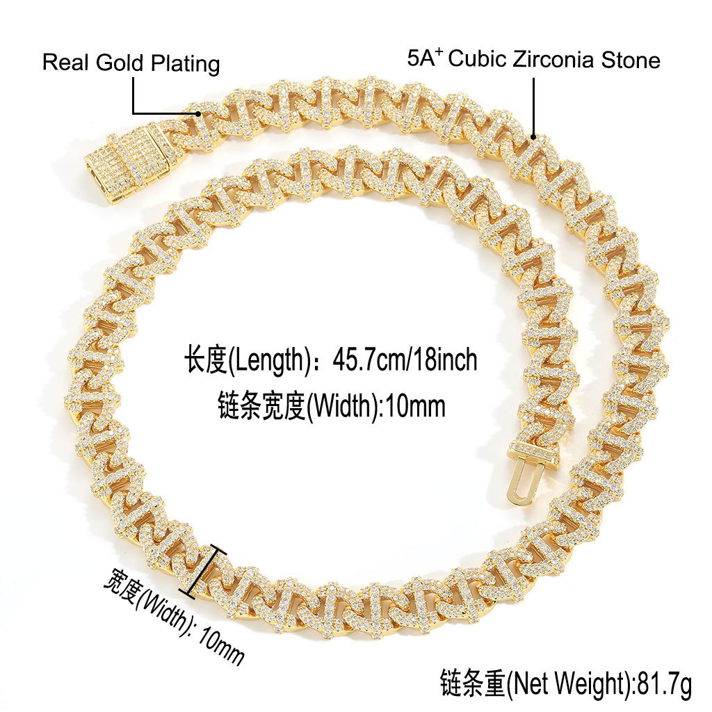 Hip Hop 10mm Men Necklace Cuban Chain Necklace Bracelet 5A Zircon Real Gold Plated Jewelry Set