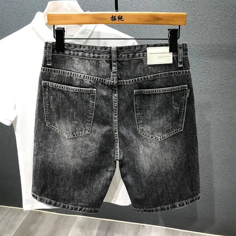 Harajuku Casual Summer Short Jeans Ripped Hole Cargo Knee Length Mens Denim Cotton Loose Black Grey Shorts 250211