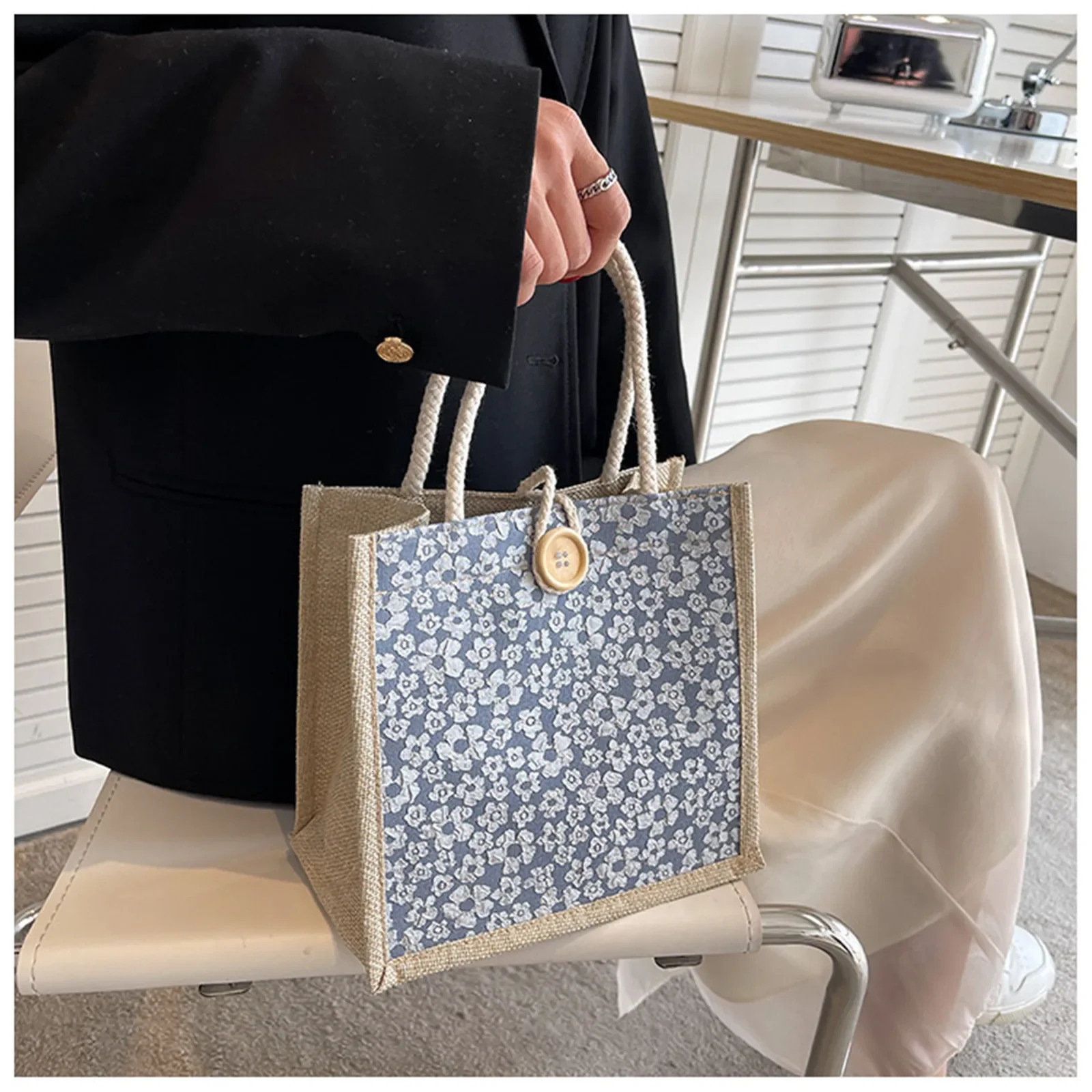 Linen Button Zipper Handbag Shopping Bags Gift Packing Bag Flower Pattern Large Grocery Bag Women Beach Tote Portable Lunch Bag 250207