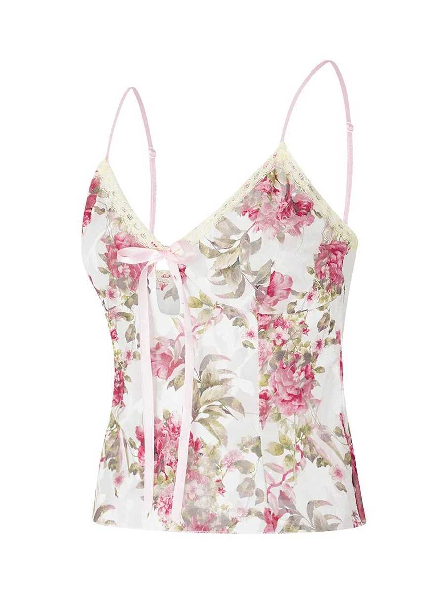 Women Spaghetti Strap Camisoles Floral Print V-Neck Tie-Up Front Sveless Sling Tank Tops Slim Fit Vests Crop Tops Y2k SummerXJ250212