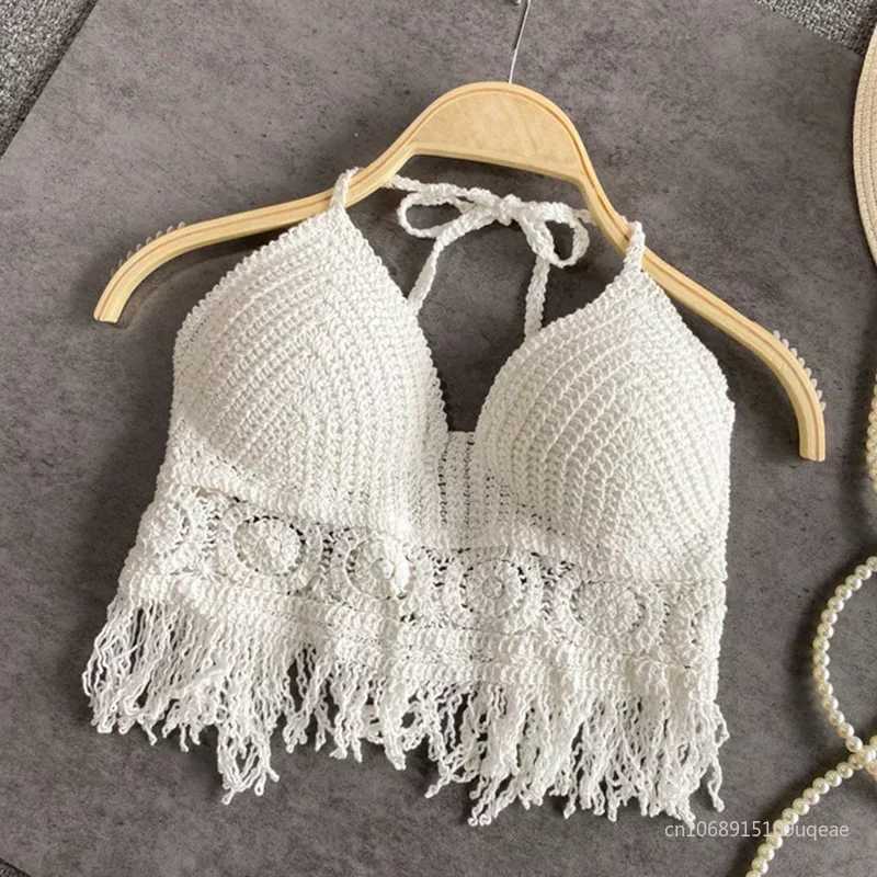 Sexy Hollow Out Underwear Women Summer Beach Short Tank Top Women Sweet Knitted Bra Tassel Women Short Top Debardeur FemmeXJ250212