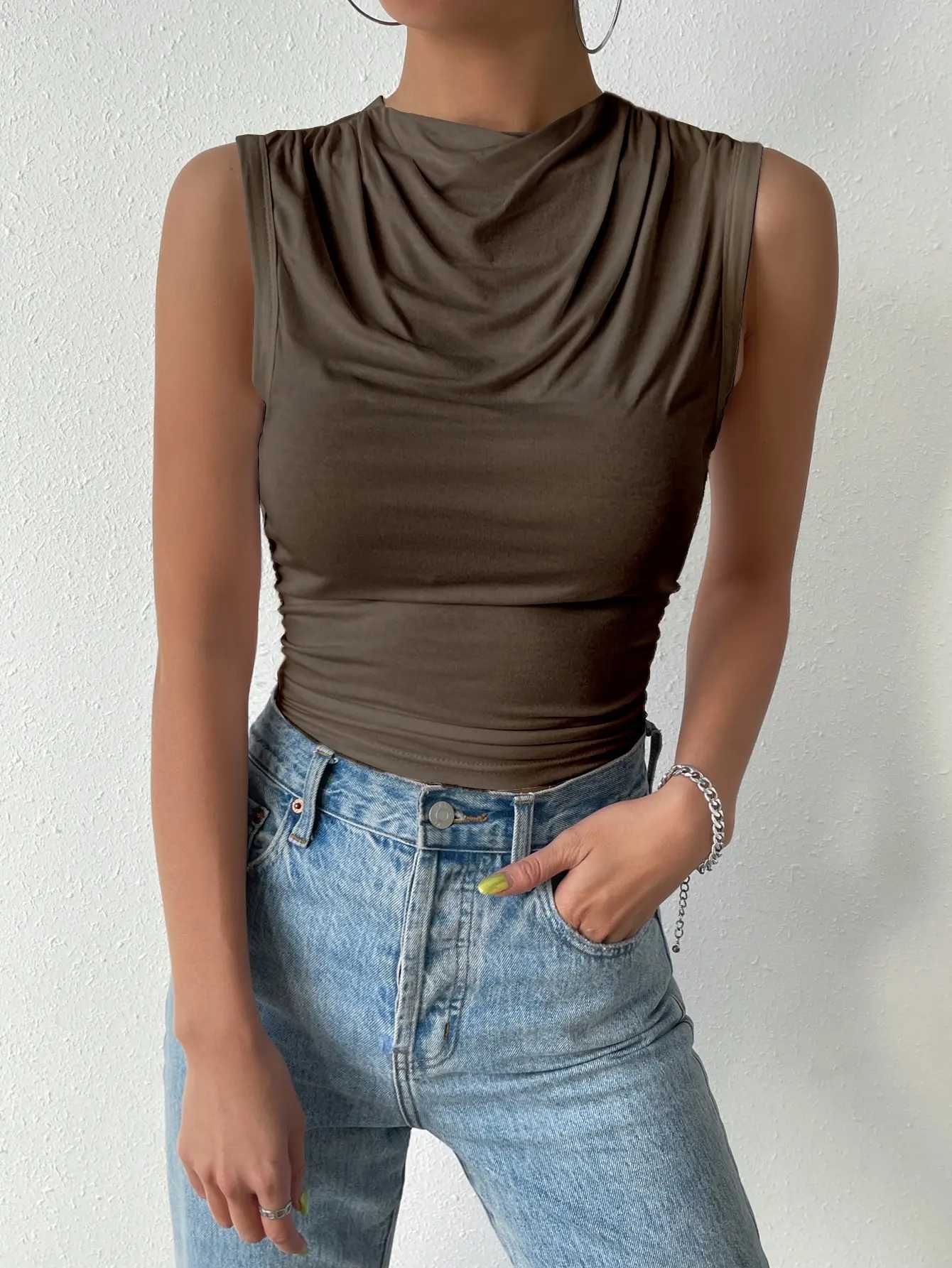 Womens Casual Pleated Design Top Summer Fashion Street Style Solid Color Slim Half High Neck Sveless T-Shirt TopXJ250212
