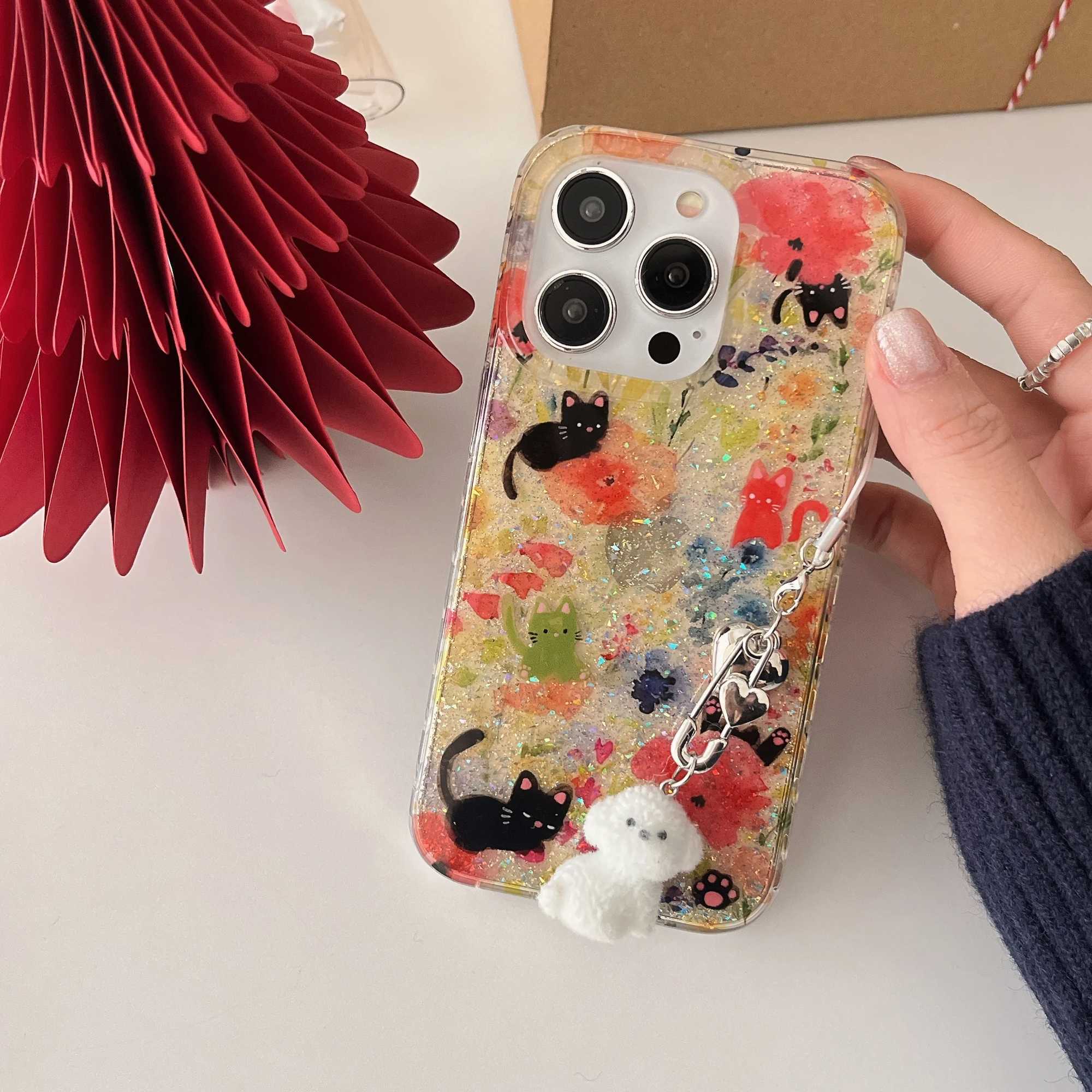Fl Sn Sequin Flowers Cute Cartoon Black Cat White Bear Pendant Phone Case for iPhone 16 15 14 13 Pro Max Back Cover Funda Z250211