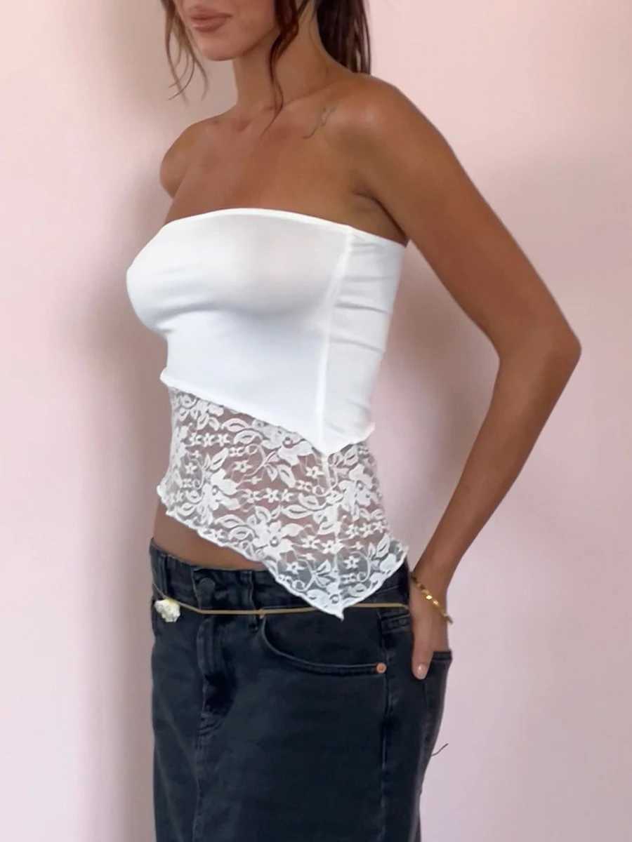 Kimydreama Women Summer Skinny Tank Tops Sveless Off Shoulder Basics Chic Irregular Lace Hem Floral Slim Fit Tube Bandeau TopXJ250212