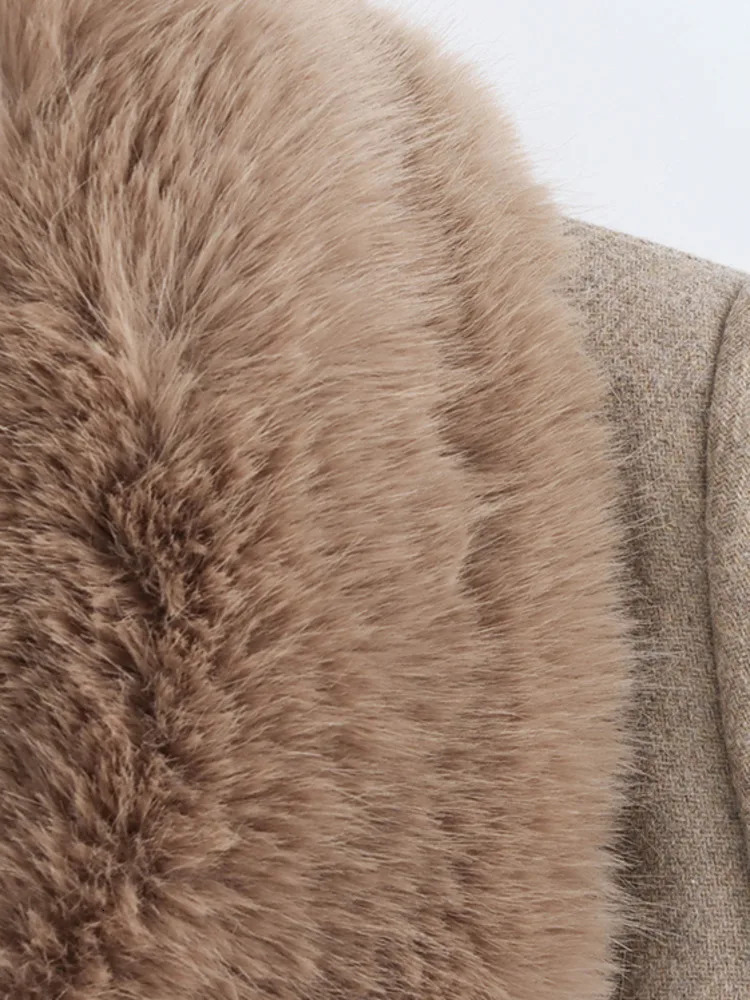 EAM Camel Big Size Elegant Woolen Coat Fur Collar Long Sleeve Laceup Women Jacket Fashion Autumn Winter 2024 30A2707 250109Z