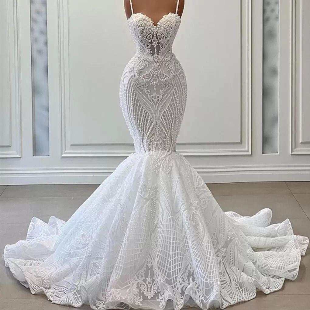 Mermaid Wedding Dress with Spaghetti Straps, Ruffled Lace Tulle Train, Pearls & Beads, or Length, Plus Size, Romantic Bridal Gown
