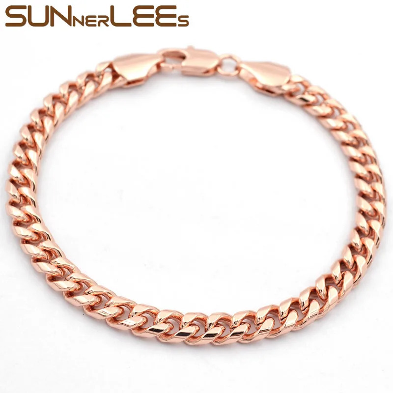 SUNNERLEES Fashion Jewelry Rose Gold Plated Bracelet 6mm Curved Cuban Chain Mens and Womens Gift C71 250211