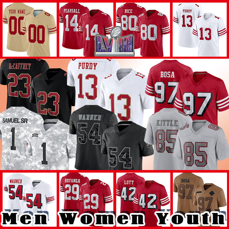 Christian McCaffrey Football Brock Purdy Jerseys George Kittle Deebo Samuel Sr Nick Bosa Fred Warner Ricky Pearsall Jauan Jenning Brandon Aiyuks Talanoa Hufanga