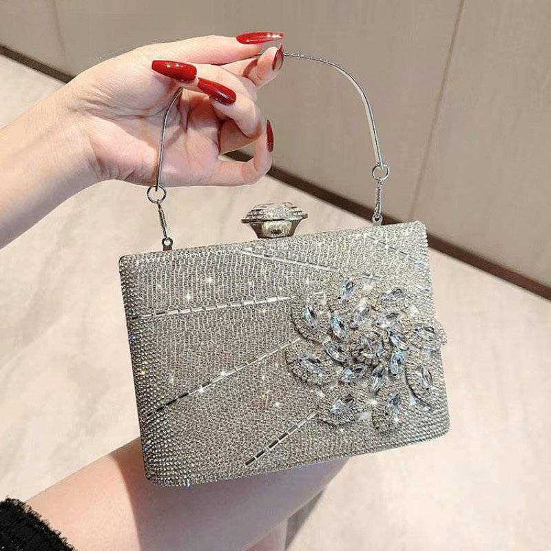 Fashion Rhie Ral Clutch Tote Bag Square Metal Top Handle Lady Wedding Bridal Messenger Purse Crossbody Shoulder Handbag