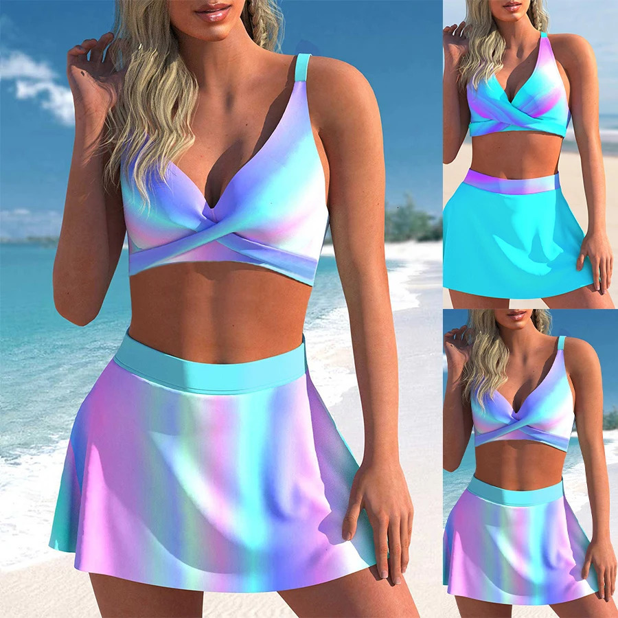 Summer Beach Fashion Womens Bikini Two Piece Set Solid Color Printed Sexy Skirt S5XL 250211Z