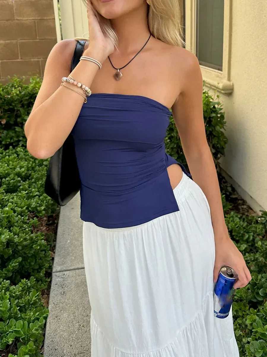 Women Sexy Split Hem Tube Top Y2k Strapless Backless Bandeau Crop Top Cute Aesthetic Summer Outfits StreetwearXJ250212