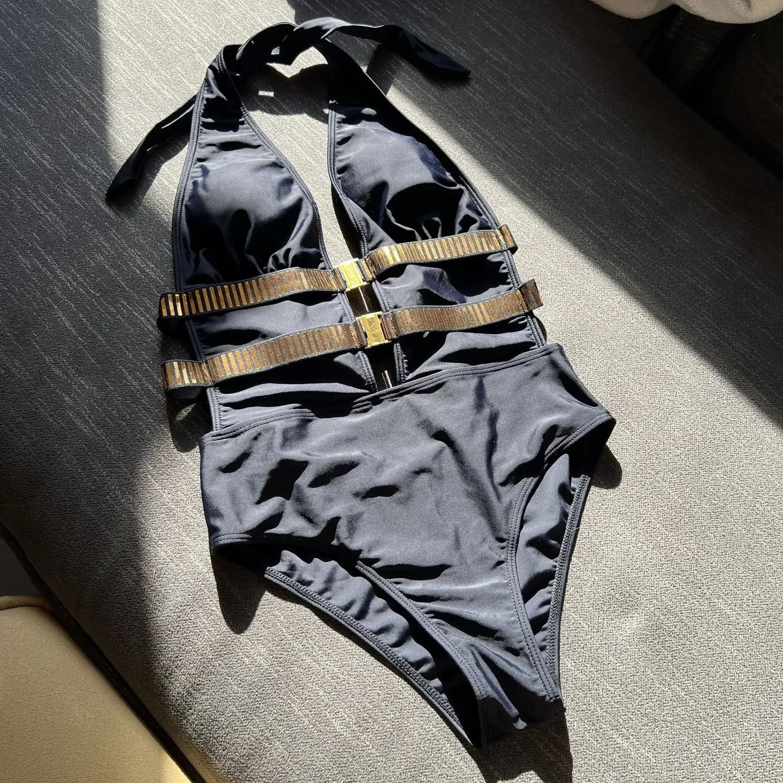 Sexy Black Knitted Patchwork One Piece Swimsuit 2025 Women V Neck Buckle Hollow Out Backless Bathing Suit Tummy Control Swimwear 250210