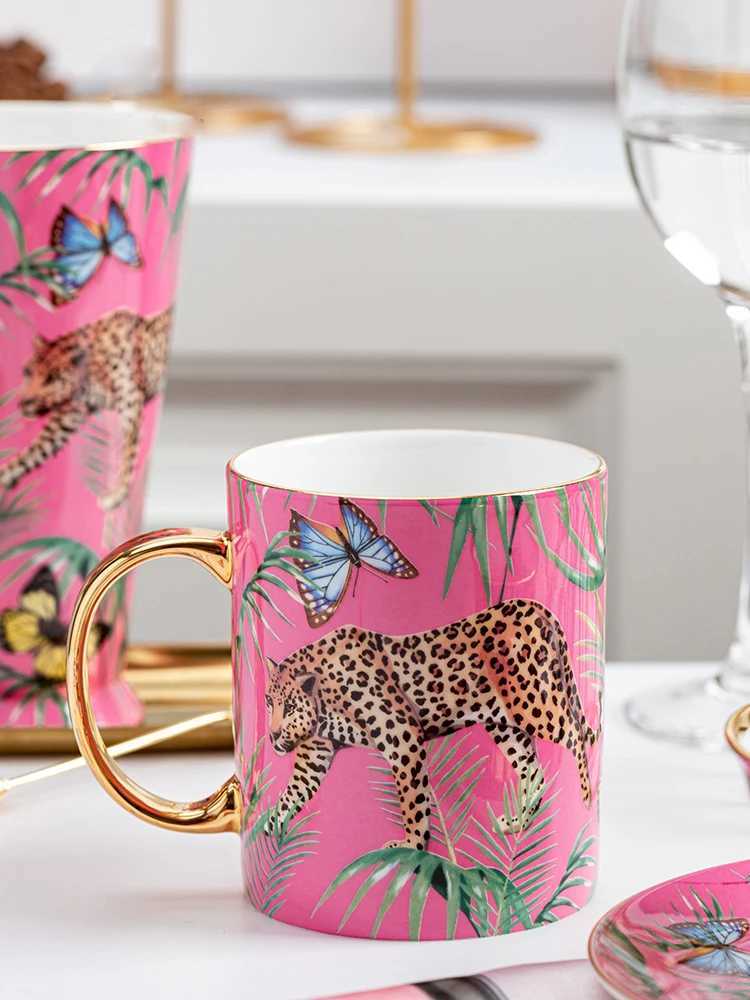 Cups Saucers Creative Pink Bone China Mug Leopard Forest Cheetah Ceramic Coffee Cup Milk Water Afternoon Tea Party Drinking Drinkware CL250212