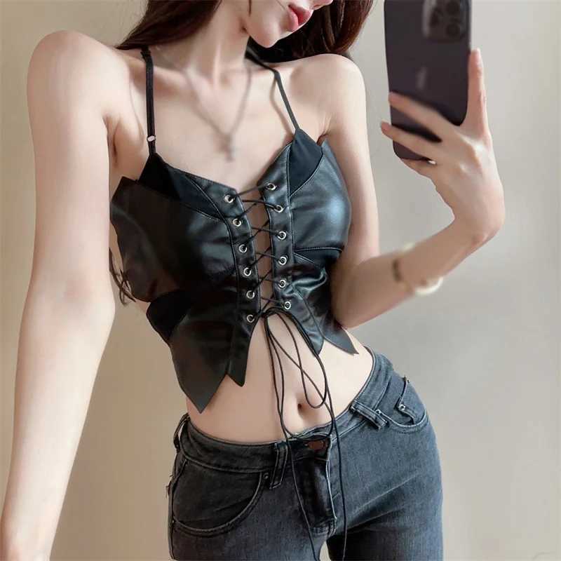 Bandage Sexy Punk Version Womens Top Slim Fashion Halter Camisole Vest Irregular Slim-Fit Backless PU Leather Top BlackXJ250212