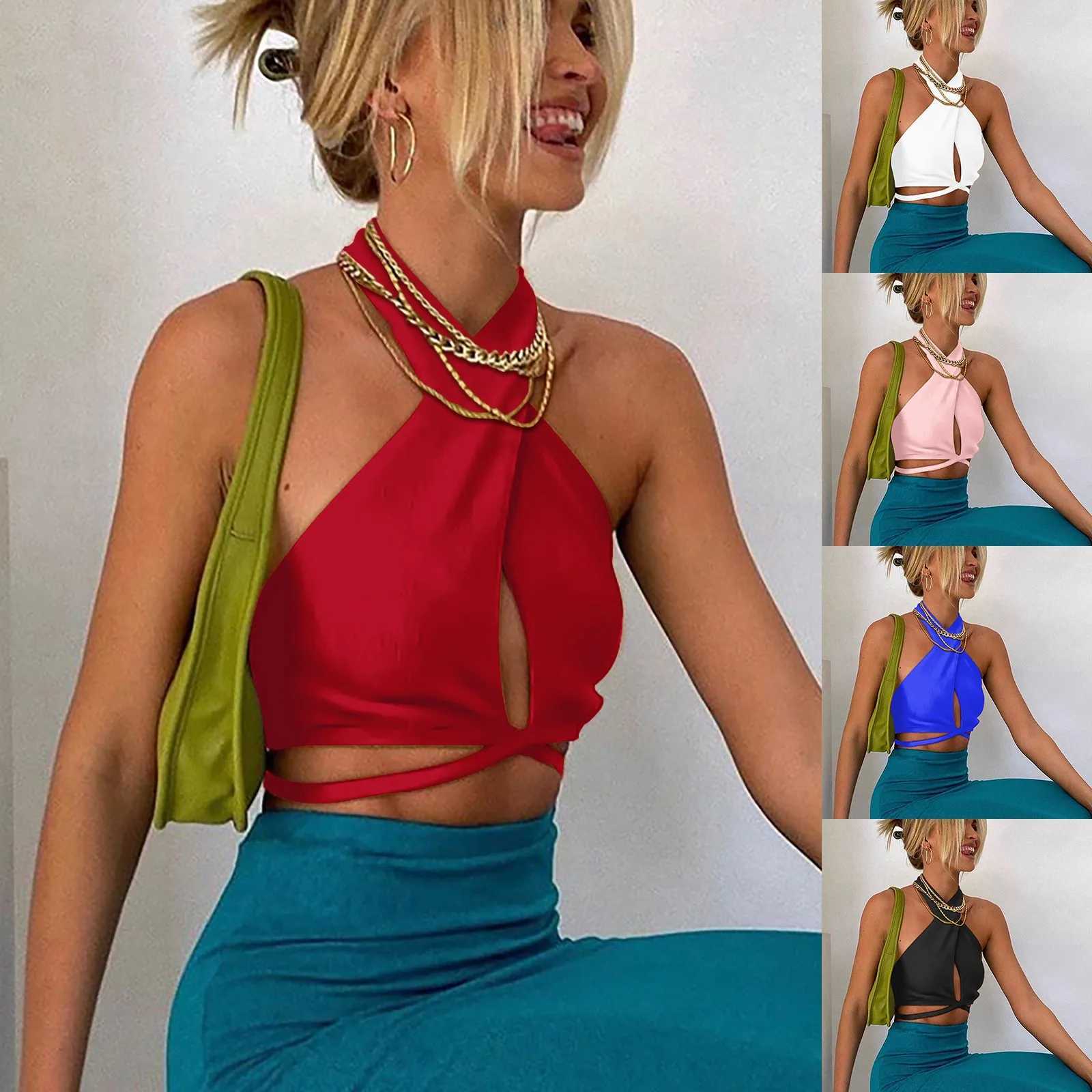 Ladies Sexy Crop Tops Halter Neck Solid Color Backless Lace Up Camisole Summer Hollow Tube Tank Tops Y2k Clothing Tee StreetwearXJ250212