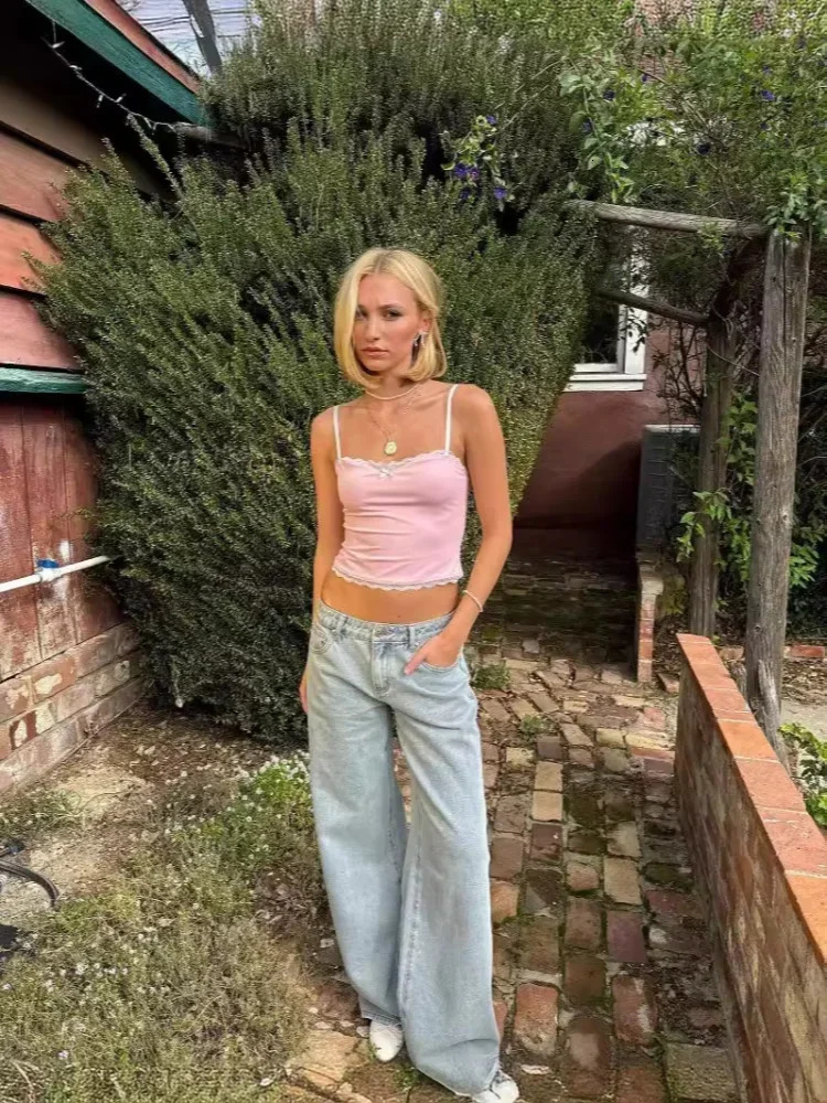 ZOENOVA Bow Embroidery Blue Jeans For Women High Quality High Waist American Wide Leg Pants Y2k Vintage Straight Summer Trousers 250212