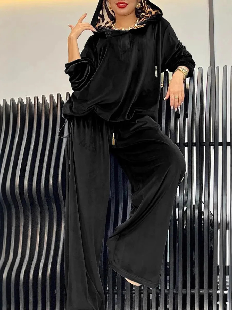 Women Autumn Winter Trouser Set Pants Set Solid Color Hooded Wide-leg Pants High Waist Casual Warm Fashion Comfortable Regular 250207