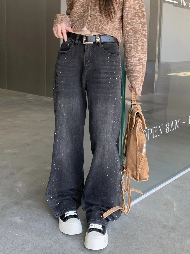 Hosen Y2K Fashion Fix Rhinestone Baggy Jeans Pants For Women Clothes Casual Lady Denim Trousers Ropa De Mujer 250212
