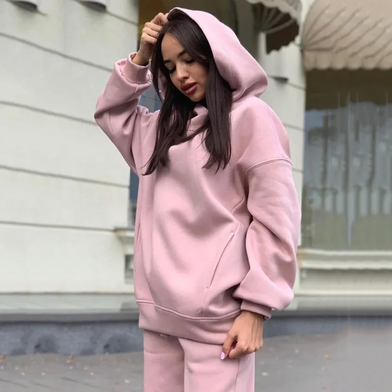 Selling European and American Autumn Winter Fashion Solid Color Hooded Hoodie Casual Two Piece Set 250211Z
