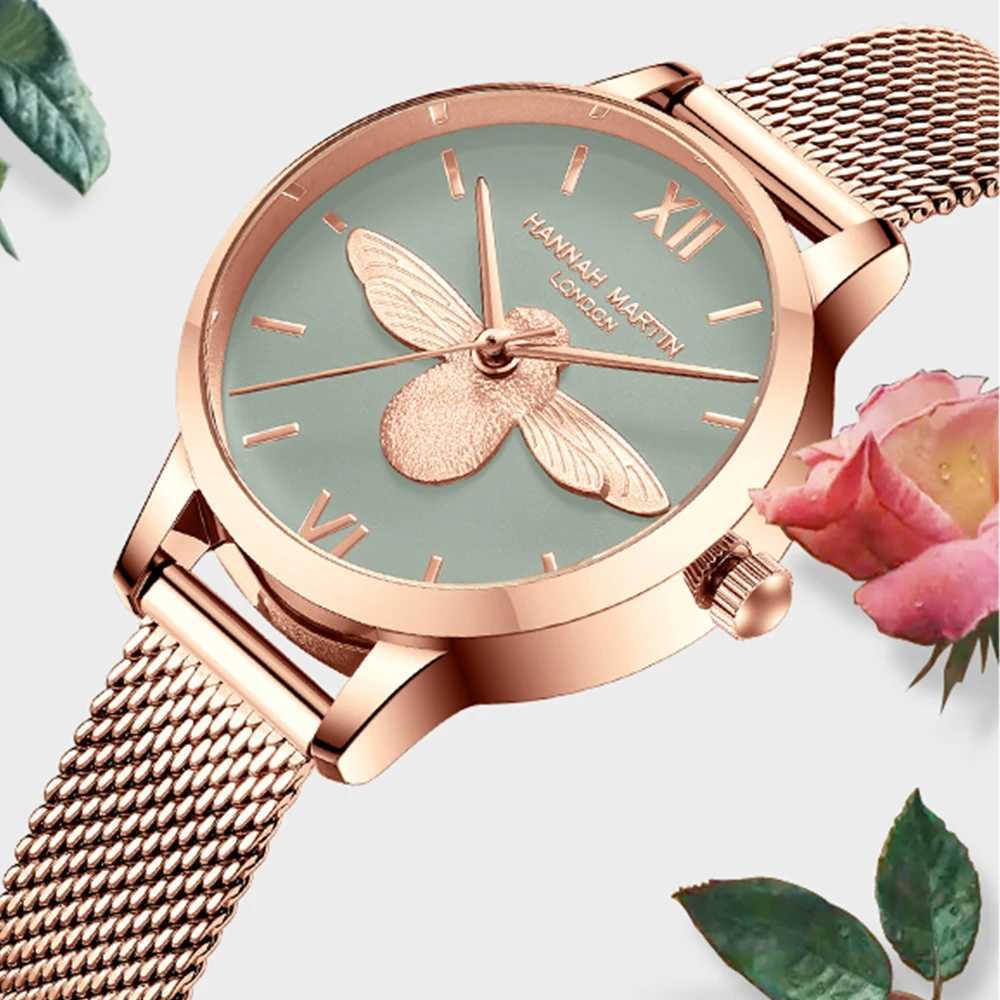Hannah Martin 2023 New Women Luxury Watch Rose Gold 31mm Classic Casual Girl Dress Watch Bracelet Set 3D Engraved Bee Dial ClockXJ250213