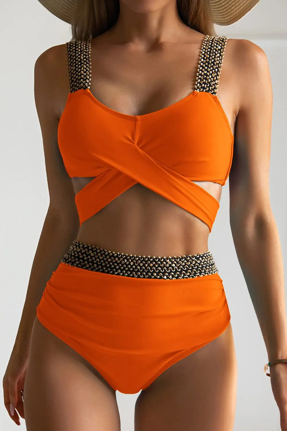 Cross High Waist Bikinis 2023 Women Black Swimwear Solid Swimsuit Female Beachwear Summer Bathers Bathing Suit Swimming 250211Z