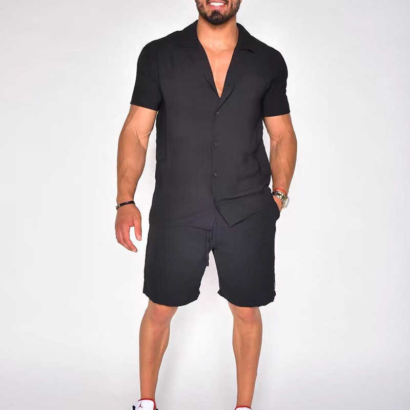 2023 Hawaiian Mens Summer Polo Collar Cotton Linen Solid Short Sleeve Shorts Set W250212