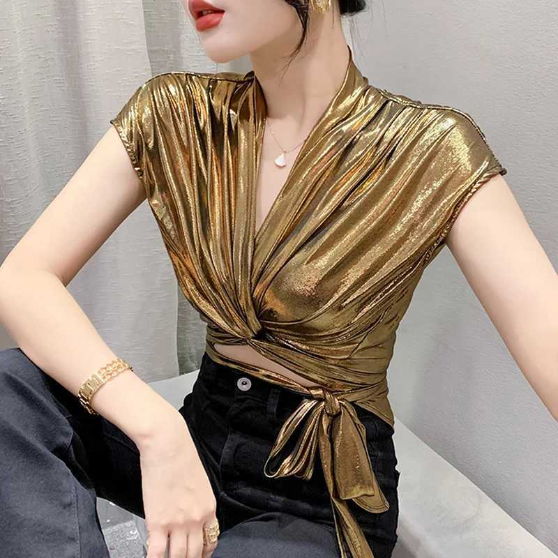 Street wear Gold Silver Green Shinny Short Sve Blouse Women Sexy Irregular Short Wrap Shirt Fe Bandage Summer TopsXJ250212