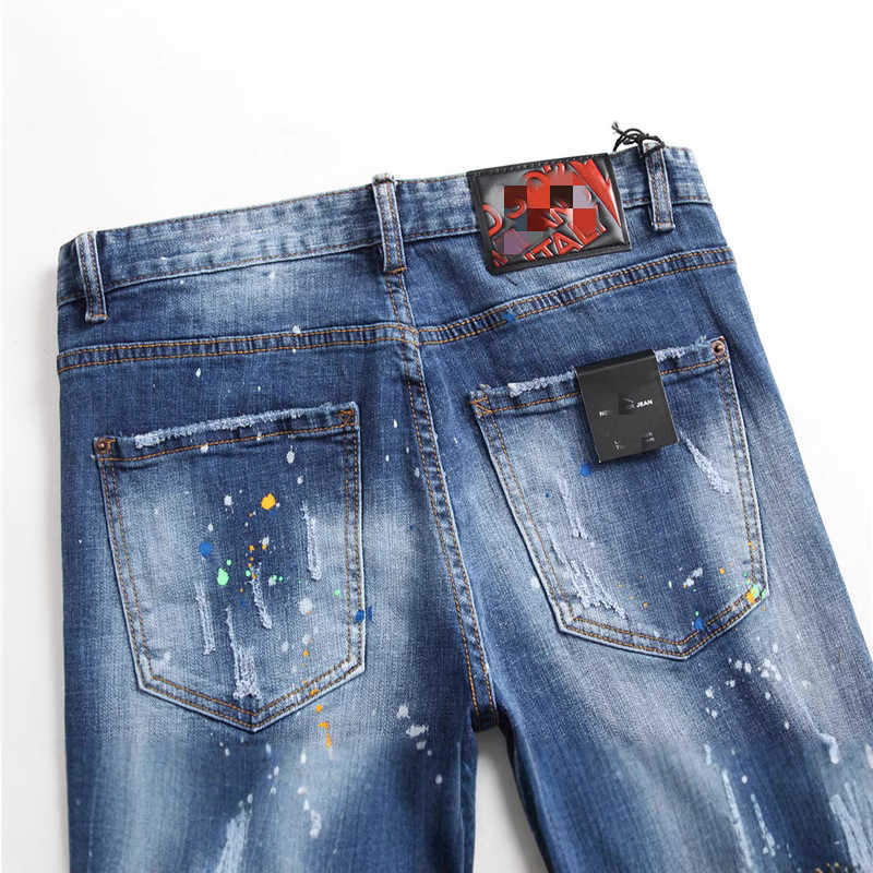 Embroidered personalized splash-ink jeans Men's stretch slim-fit ripped badge slim-fit small straight tide pants J250212