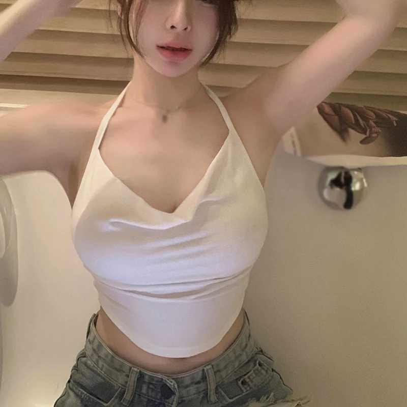 Swing Neck Halterneck Camisole Hottie Street Wear Slim Fitting Sexy Crop Top Backless Tank Top Solid Color Thin Blouse SummerXJ250212