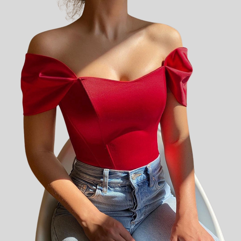 New arrival European and American women's clothing summer fishbone waist tube top satin one-word shoulder top women