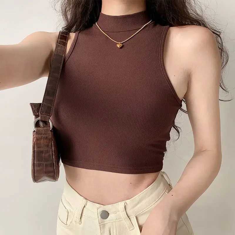 Crop Top Sexy High Neck Tight Sveless Tank Tops Summer Black Women Fashion Solid Basics Casual Streetwear Vest FeXJ250212
