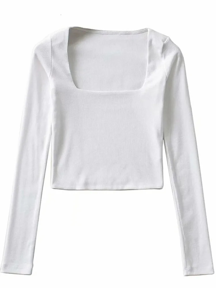 Women Cotton Ribbed Square Neck Crop Top With Long Sleeve 250114Z