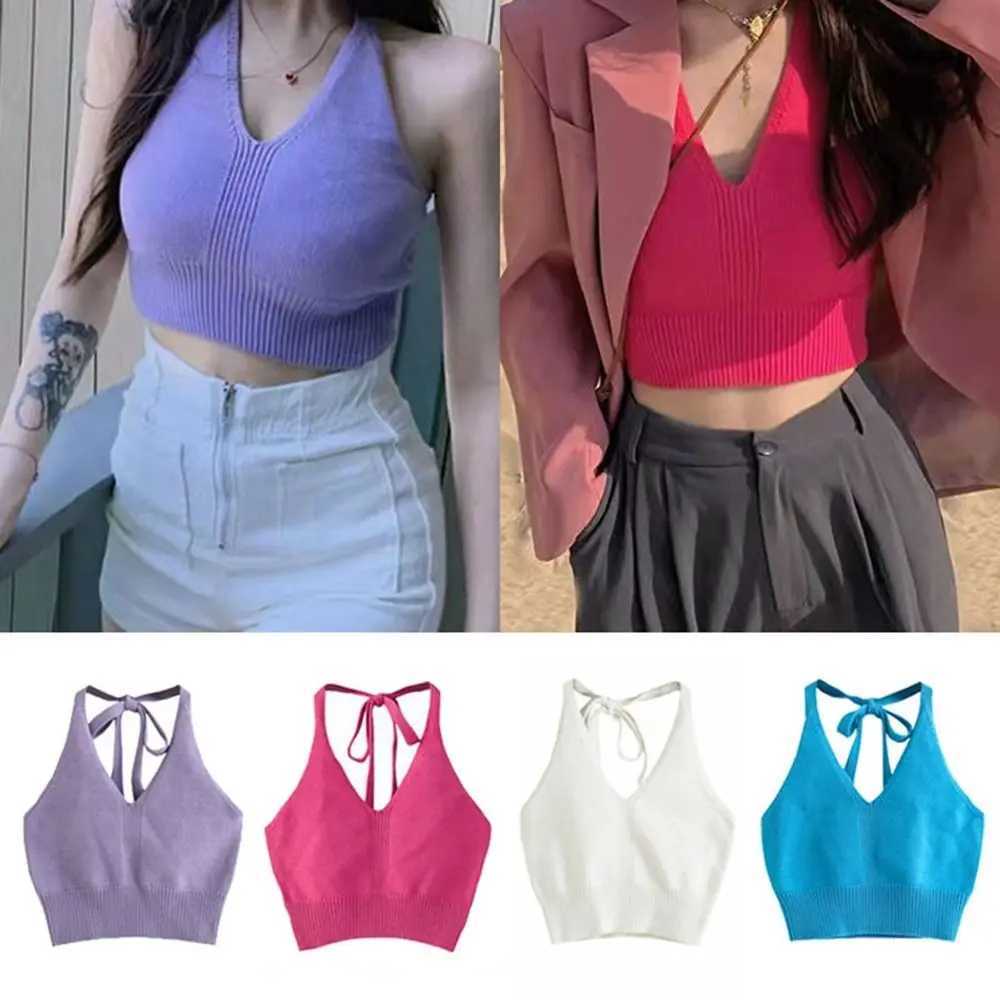 Short Knitted Crop Tops New Knitted High Stretch Sexy Tank Top Soft Sveless Strap Vest WomenXJ250212