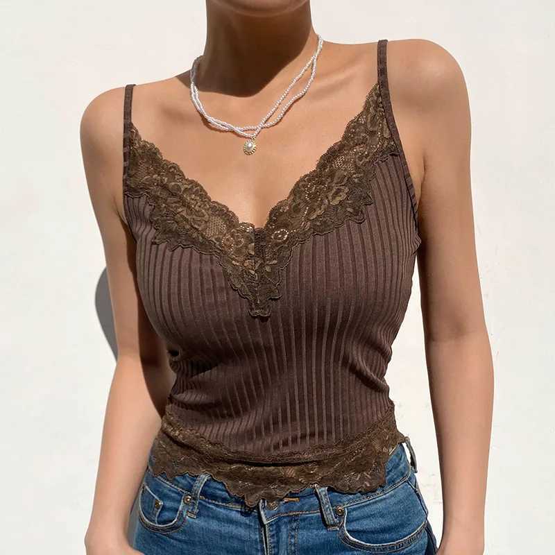 Goth Aesthetic Lace Patchwork Tank Tops For Women Sexy V-Neck Brown Retro Crop Tops Summer y2k Fashion Casual CamisoleXJ250212